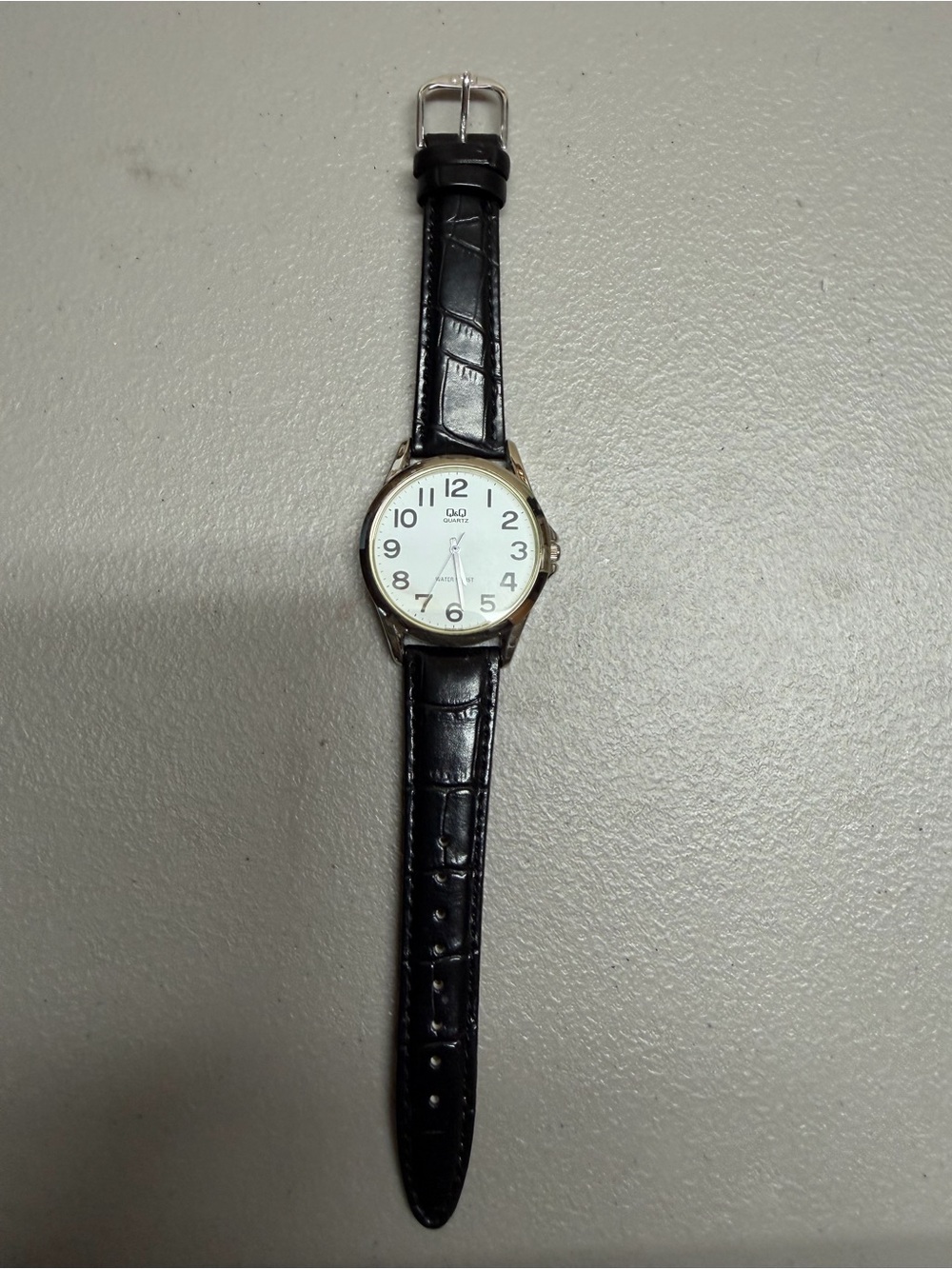Men's Black Leather Strap Watch with White Dial